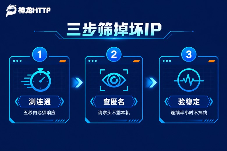 代理IP三步筛选流程信息图