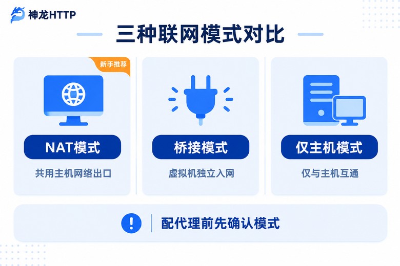 虚拟机三种联网模式对比信息图